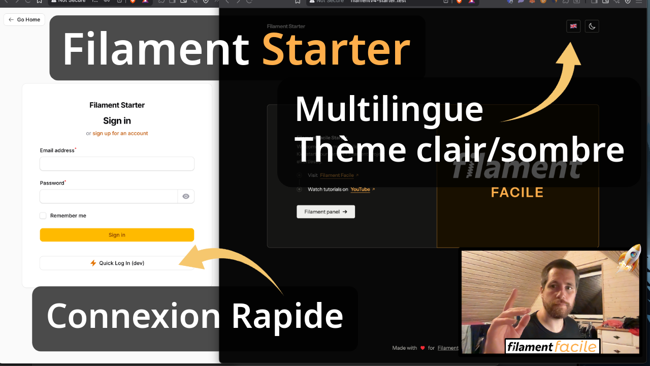 Filament v4 Starter – Tout est prêt : login rapide, langues, thèmes